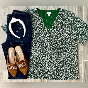 J. Crew V-neck Puff Sleeve Top Green White Floral Print Button Front Medium
